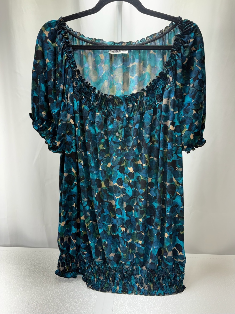 Cato Teal, Black and Cream Leaf-Print Puff Sleeve Blouse 4356